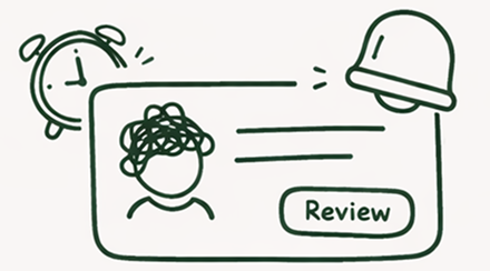 Hand-drawn illustration of an alarm clock ringing next to a card with a bell icon